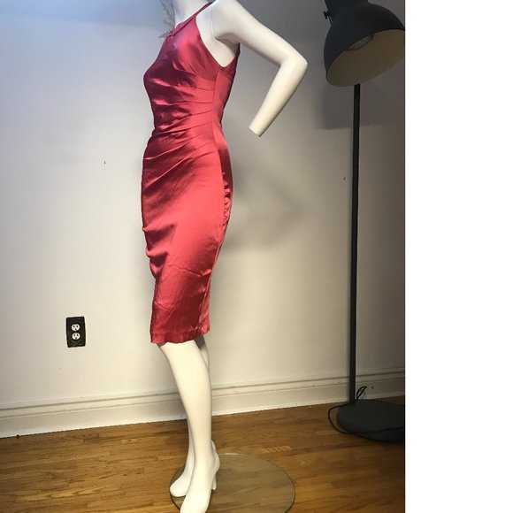Le Chateau Formal Cocktail Shiny Corral Salmon Peach Pink Bodycon Holiday Dress - Picture 1 of 6